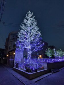 【福岡県小郡市】テンガイ会館 | ブルー＆ホワイトで彩る外構イルミネーション事例
